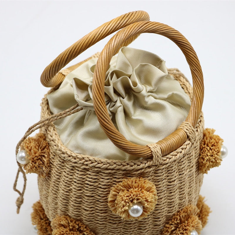 Rhinestone & Pearl Rattan Bucket Bag