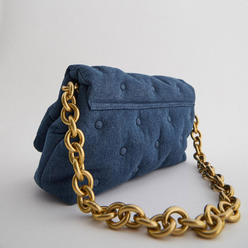 Denim & Leather Quilted Shoulder Bag