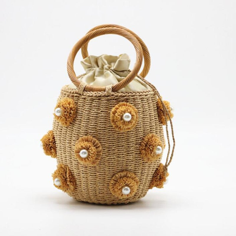 Rhinestone & Pearl Rattan Bucket Bag