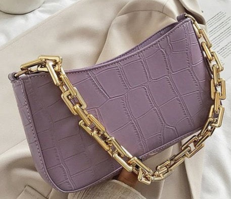 Leather Croc Baguette Chain Bag