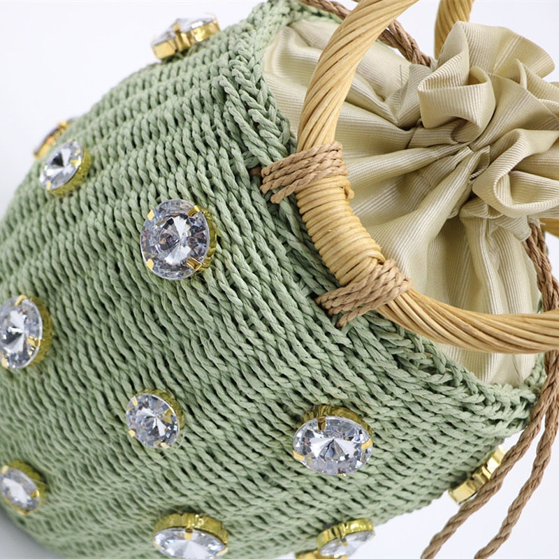 Rhinestone & Pearl Rattan Bucket Bag