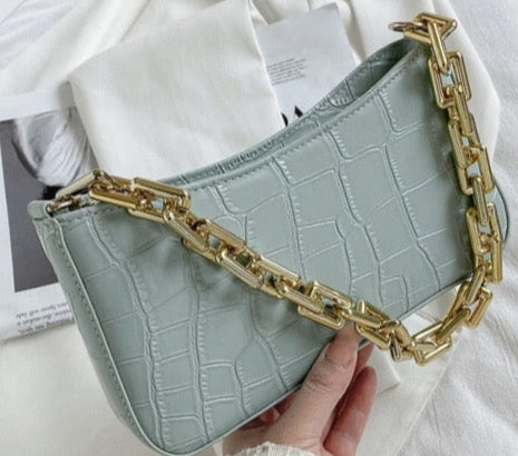 Leather Croc Baguette Chain Bag