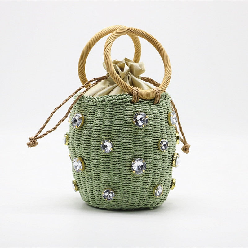 Rhinestone & Pearl Rattan Bucket Bag