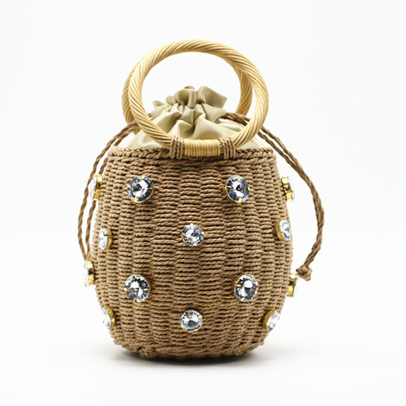 Rhinestone & Pearl Rattan Bucket Bag