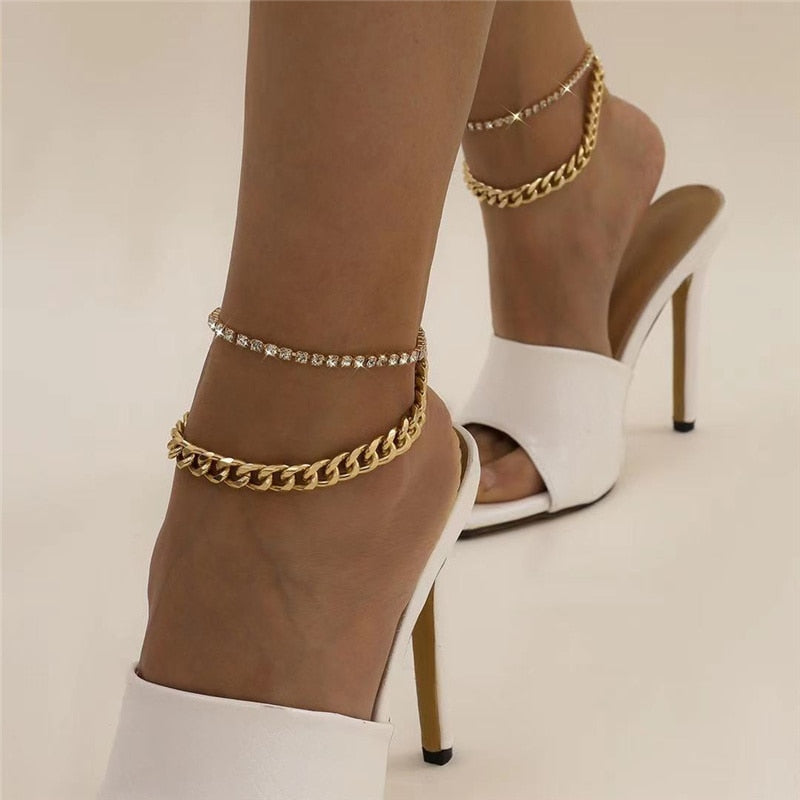 Cuban & Crystal Chain Ankle Bracelet