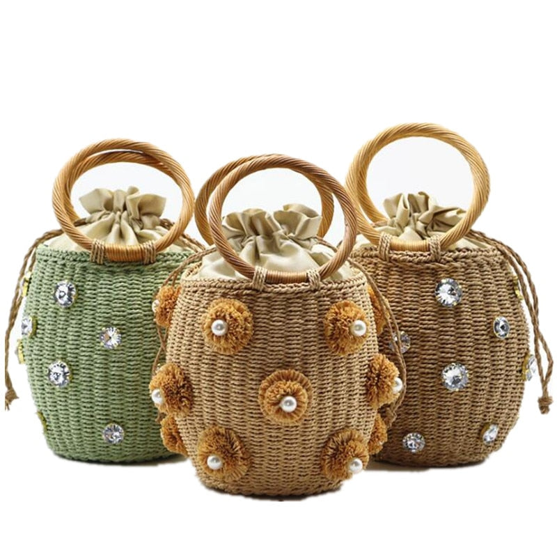 Rhinestone & Pearl Rattan Bucket Bag