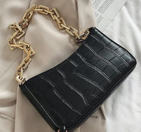Leather Croc Baguette Chain Bag