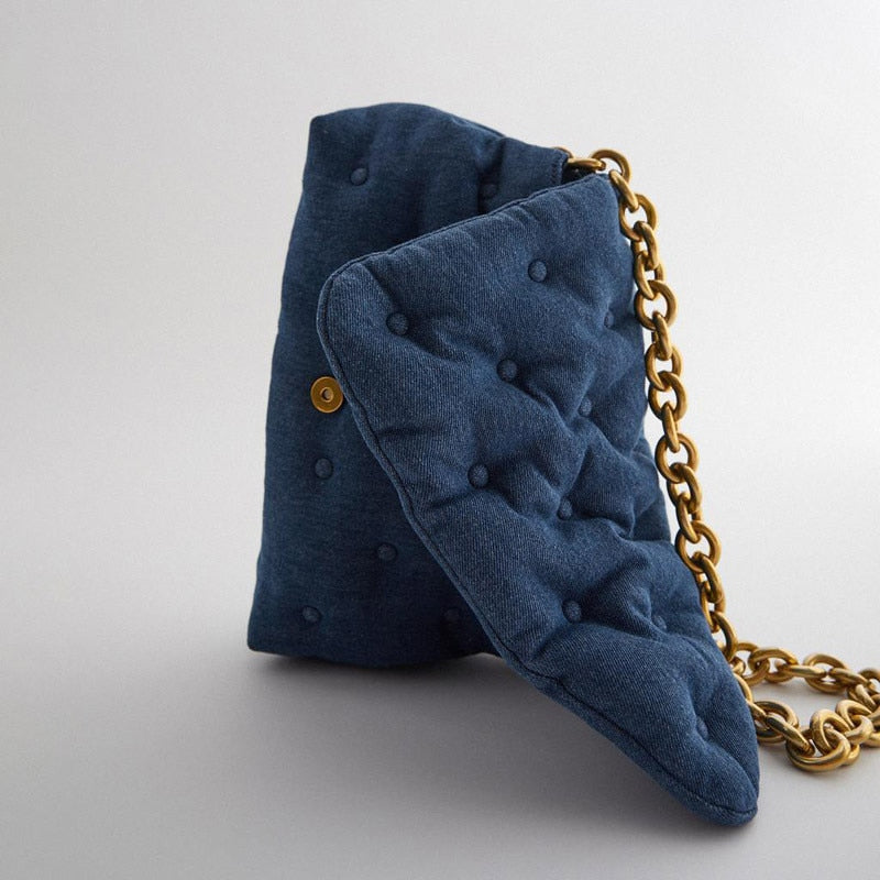 Denim & Leather Quilted Shoulder Bag