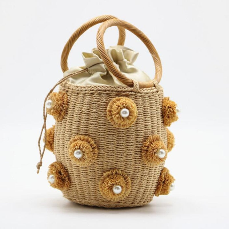 Rhinestone & Pearl Rattan Bucket Bag