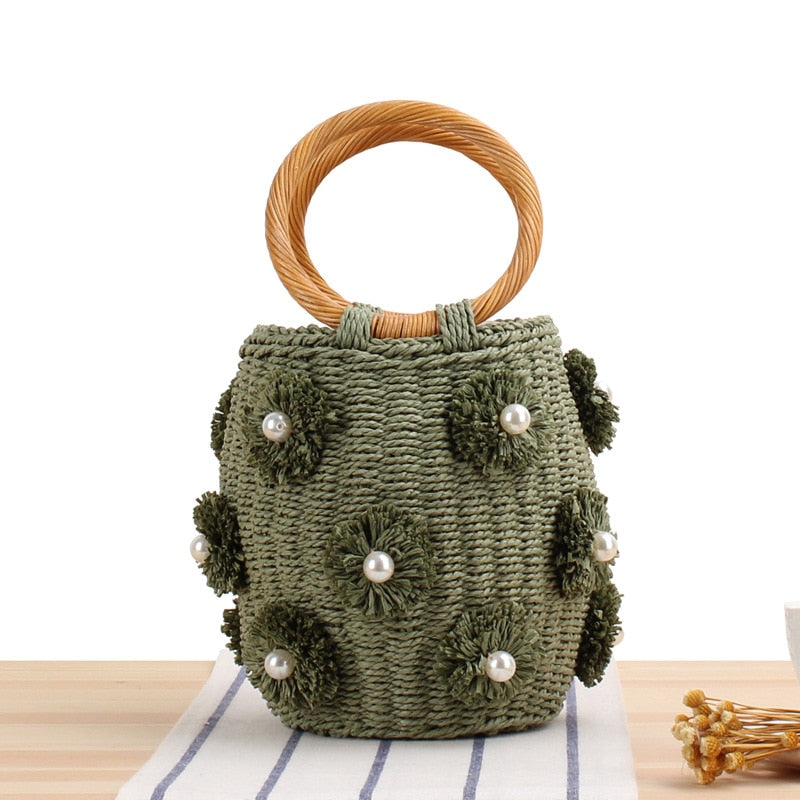 Rhinestone & Pearl Rattan Bucket Bag