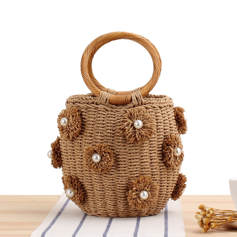 Rhinestone & Pearl Rattan Bucket Bag