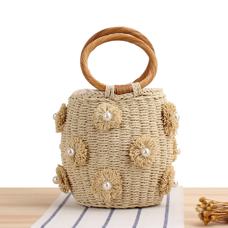 Rhinestone & Pearl Rattan Bucket Bag