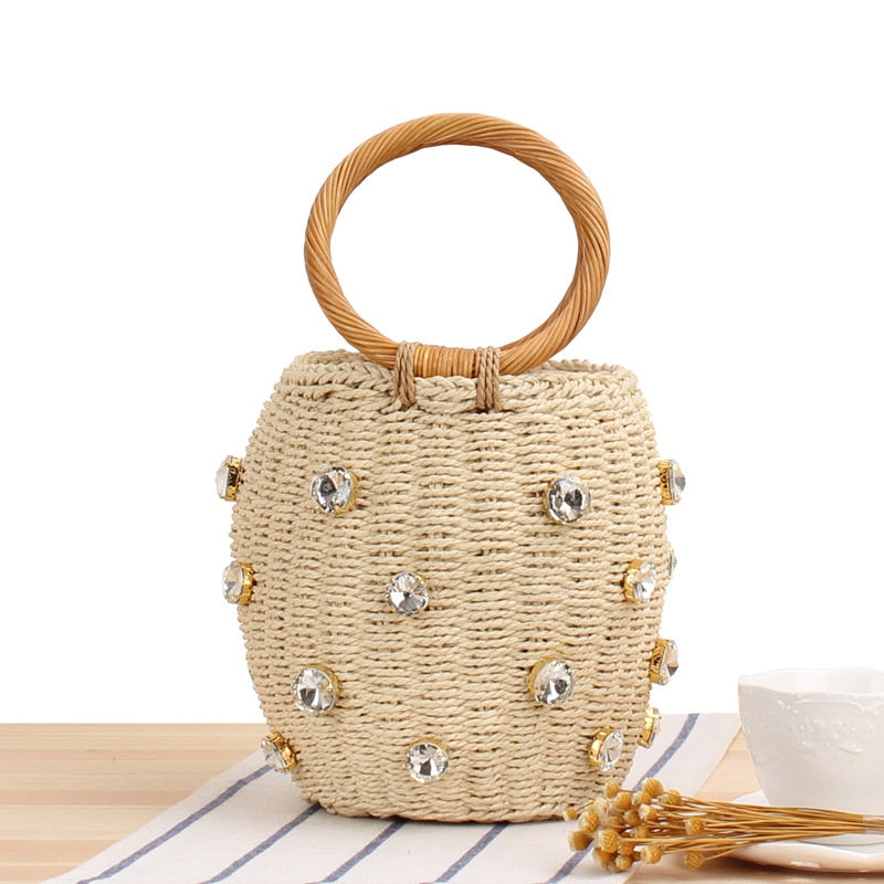 Rhinestone & Pearl Rattan Bucket Bag