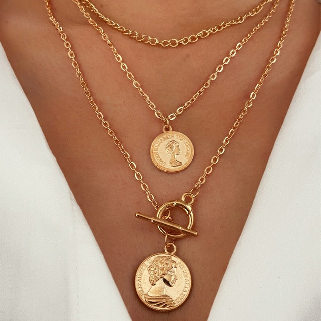 Vintage Coin Pendant Layered Necklaces